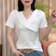 一件代发直播爆款2026夏季款法式V领荷叶边短袖T恤女显瘦百搭上衣