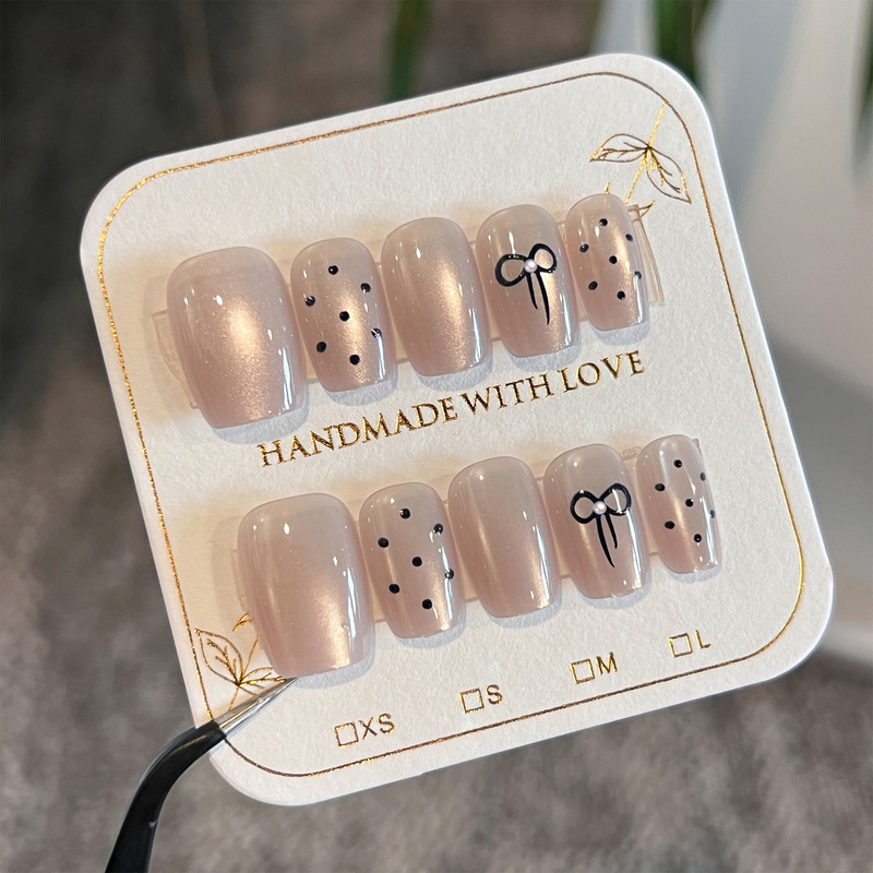 Cat's Eye Simple Bow Wear Armor Solid Color Polo Dot Pearl Advanced Sense Fake Nail Nail Pieces Removable Nail Pieces