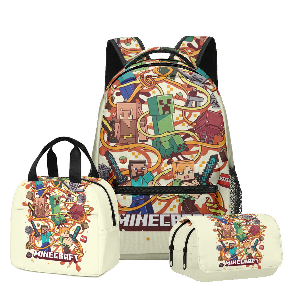 Nuevo producto 3D My World Minecraft mochila de estudiantes de primaria y secundaria bolsa de almuerzo bolsa de bolígrafo doble tres piezas set