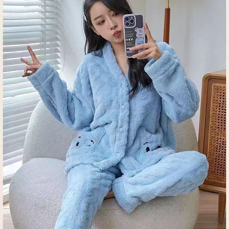 黄色小熊款家居服睡衣加绒加厚珊瑚绒开衫秋冬季2025年新款女保暖|undefined