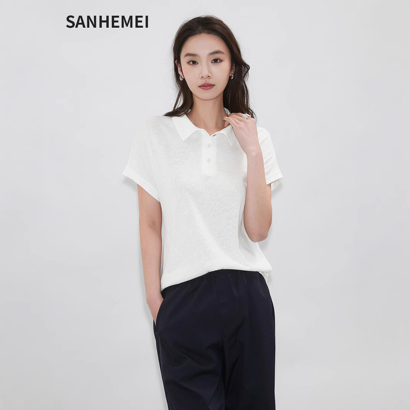 Rain Dew Hemp Short-Sleeved T-Shirt for Women Polo Collar Simple Casual Summer Loose Slimming Look Lapel Shirt Linen Pullover Top