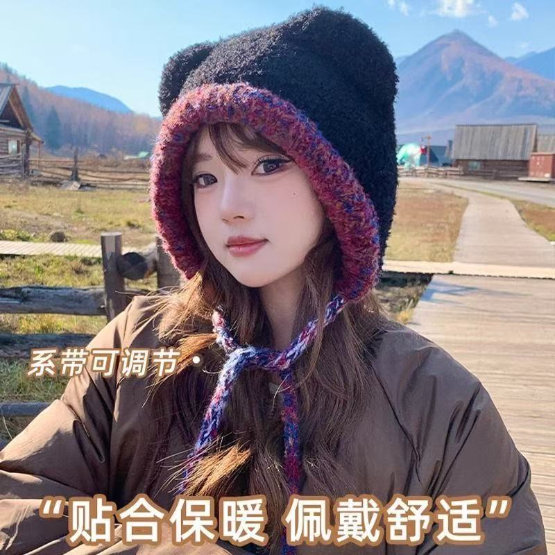 可爱泰迪绒小熊耳朵绑带针织套头帽子女秋冬保暖大头围护耳毛线帽|undefined