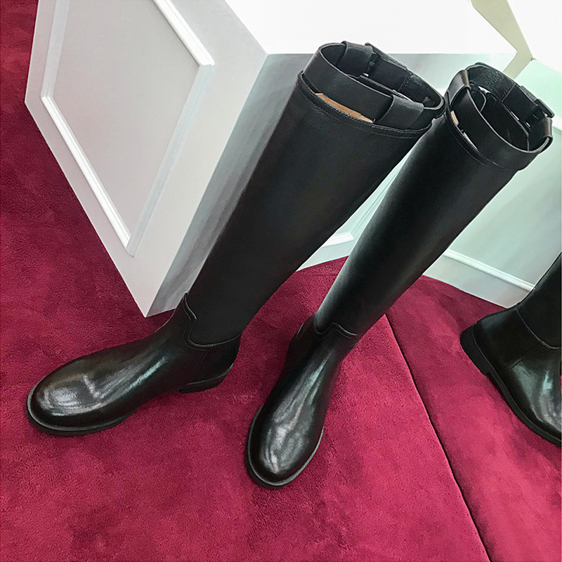 Genuine Leather Round-Toe Flat Boots, Knee-High Boots, Knight Boots, Women's Motorcycle Boots, Over-The-Knee High Boots, Long Boots, Riding Boots for Women