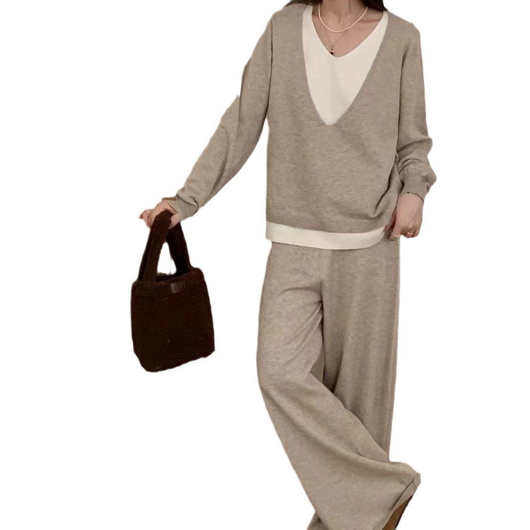 Damenbekleidung Herbst neuer Retro-Zweiteiler mit V-Ausschnitt, modischer Strickpullover, Oberteil mit lockerer Hose mit weitem Bein, lässiger zweiteiliger Anzug für Frauen_voghion.com