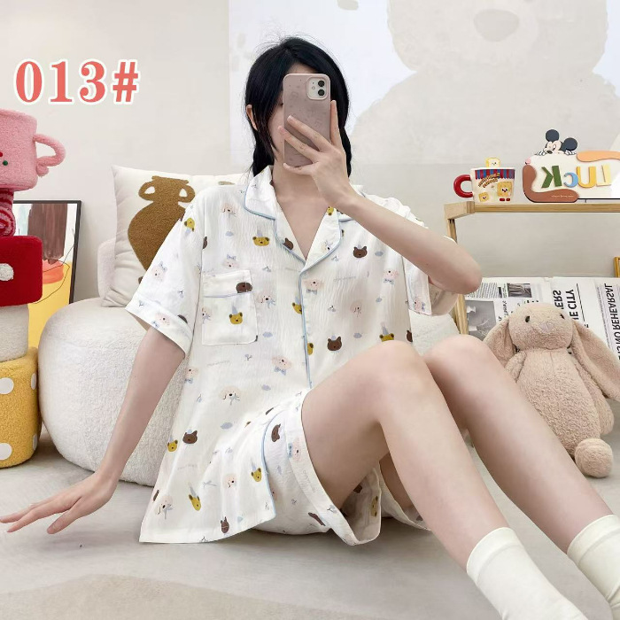 クラウドコットンパジャマ女性の夏の半袖ショーツカーディガンラペルルーズ外国貿易ライブブロードキャストルーズクロスボーダーホーム服|undefined