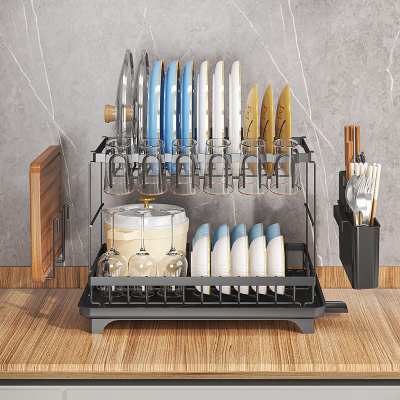 Estante de almacenamiento de drenaje de cocina Taza multifuncional de doble capa de platos de almacenamiento de palillos cuchillos y tenedores de filtro de agua platos de platos de platos