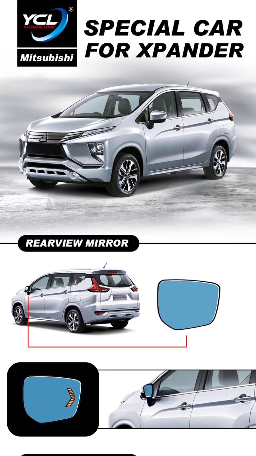 Suitable for Mitsubishi Xpander Cross 22+ Modified Wide-View Rearview Blue Mirror with Heated Turn Signal and Flowing Light