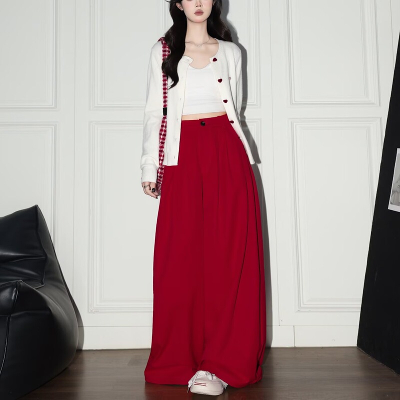 Red Lazy Style Wide-Leg Pants for Women, New Thin Style for Spring and Summer, Burgundy High-Waisted Loose Drape Casual Floor-Length Pants, Trendy
