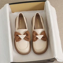 2023 Spring and Autumn Women's Soft Sole Ankle Boots with Bowknot Retro Thick Sole Loafers in British Style Small Leather Shoes for Women with Wide Heels
