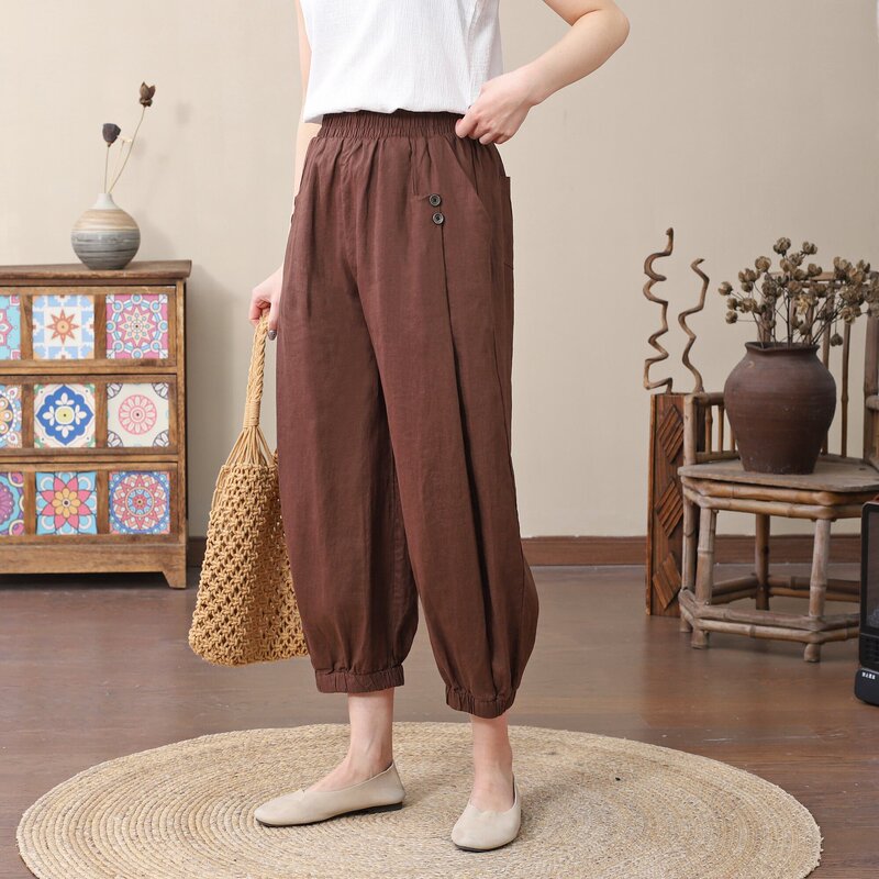 Pure Linen Pants for Women 2024 Spring New Elastic High-Waisted Casual Harem Pants with Cuffs Loose Plus Size Women's Thin Pants