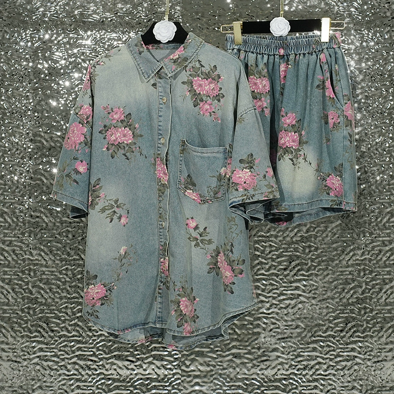 Европейские и американские ретро модные джинсовые наборы женские осенние новые нишевые дизайнерские цветочные рубашки с эластичный талией шорты