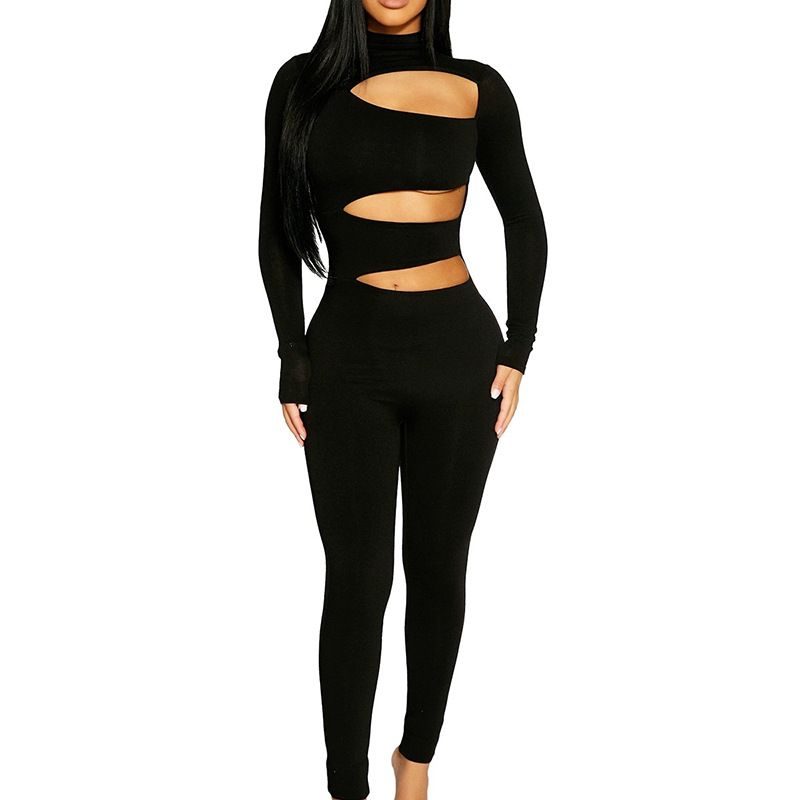 Semi-turtleneck tight long-sleeved hollow solid color jumpsuit NSFD117950