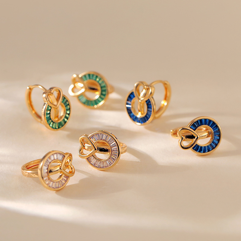 Pendientes de nicho de diseño, pequeños, redondos, con hebilla de oreja, chapados en cobre, con circonita de color oro real K, con hebilla de anillo de amor_voghion.com