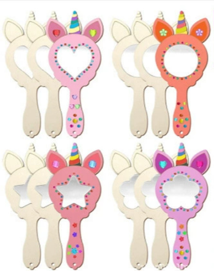 Diseño transfronterizo de madera diy pequeño espejo blanco espejo de maquillaje conjunto pintado de dibujos animados corona relleno conjunto de espejo de mano