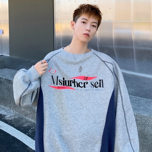 Autumn American niche couple top oversize loose retro print contrast color round collar sweater women's trend