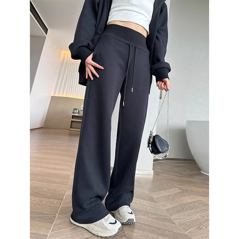 Pantalones negros para mujeres 2024 otoño invierno rectos pantalones largos de cintura alta casual versátil grueso pantalones de pierna ancha sueltos