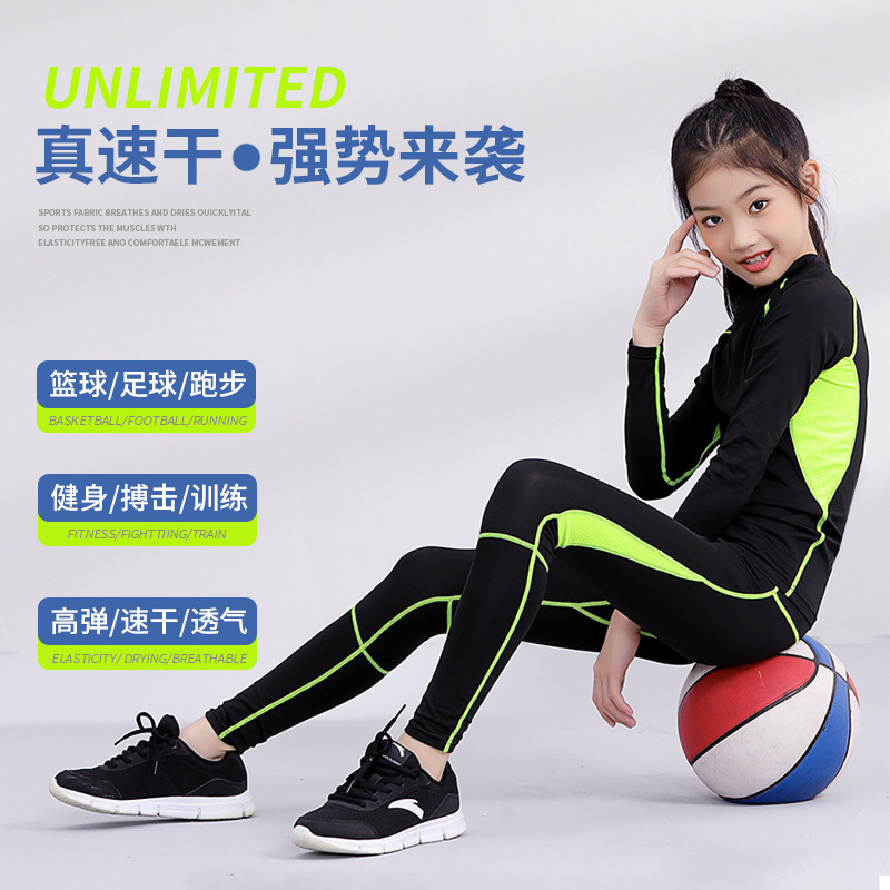 Children's Tight Clothes Training Clothes Girls' Sports suit Quick-drying Clothes Elastic Sweat-absorbent Breathable Basketball Football Running Clothes