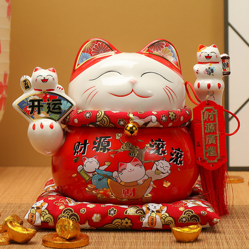 Red Money Cat Ornament Opening Gift Home Store Cashier Counter Piggy Bank Happy Cat 6.5 inches