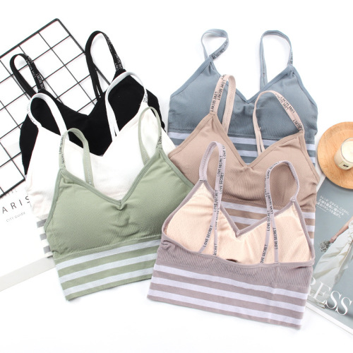 Seamless sports bra for women, fashionable English letter camisole, striped wrap top, no rims, beautiful back bra
