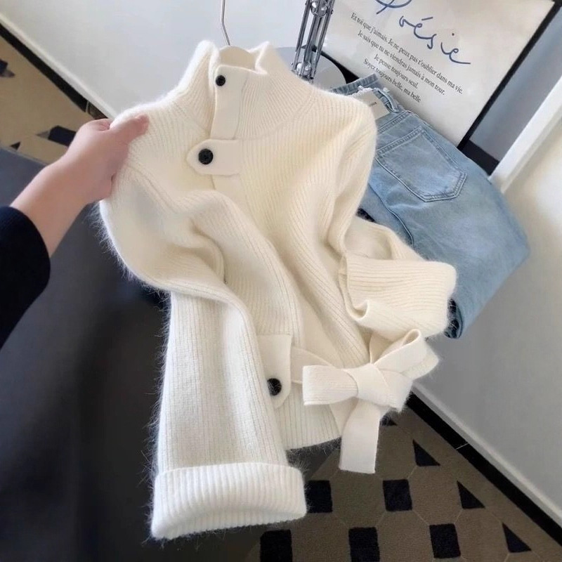 Gentle White High-Neck Lace-Up Waist Slim Sweater for Women Winter Warm Small Fragrance Slim Knitted Top Thick