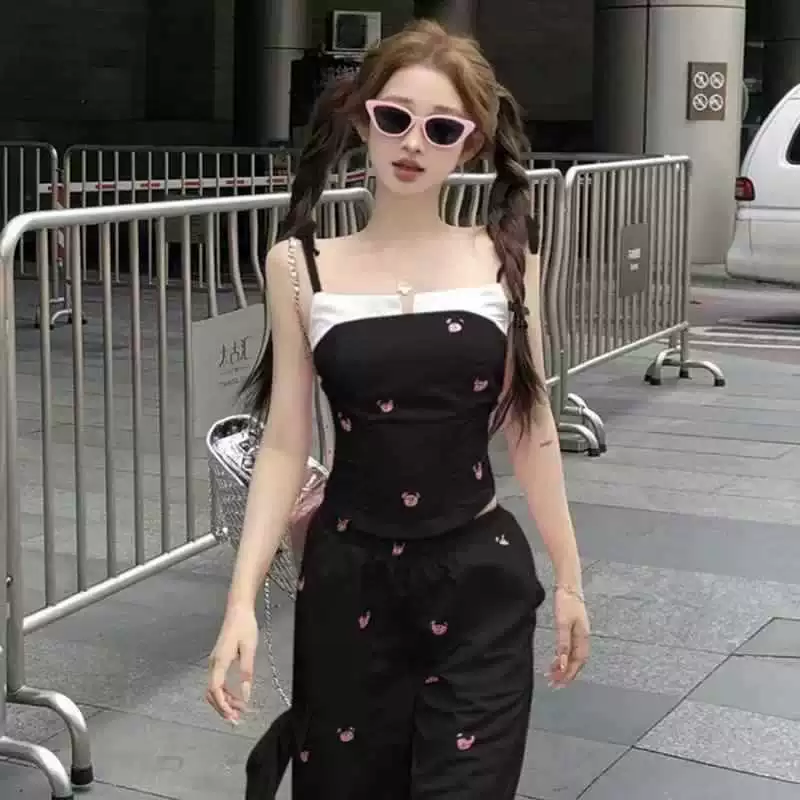 Дизайн допамина, сладкий и пряный стиль, майка с медведем и бантом, повседневная рабочая одежда, широкие брюки, комплект из двух предметов для женщин