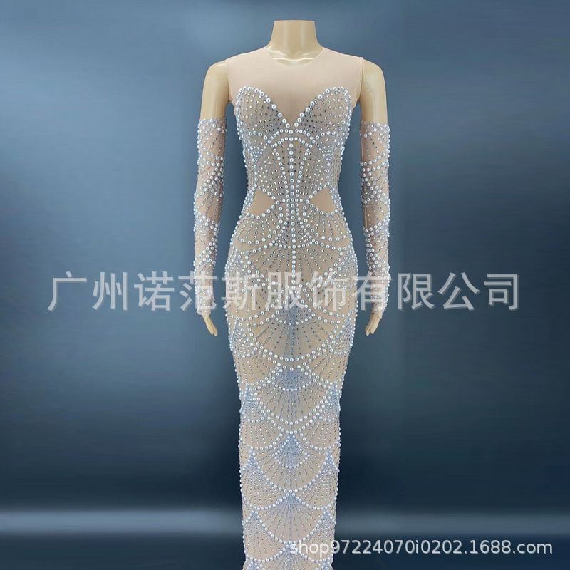 Luxury clothing manufacturer elegant O collar high quality cocktail dress shiny pearl sequins modest evening gown