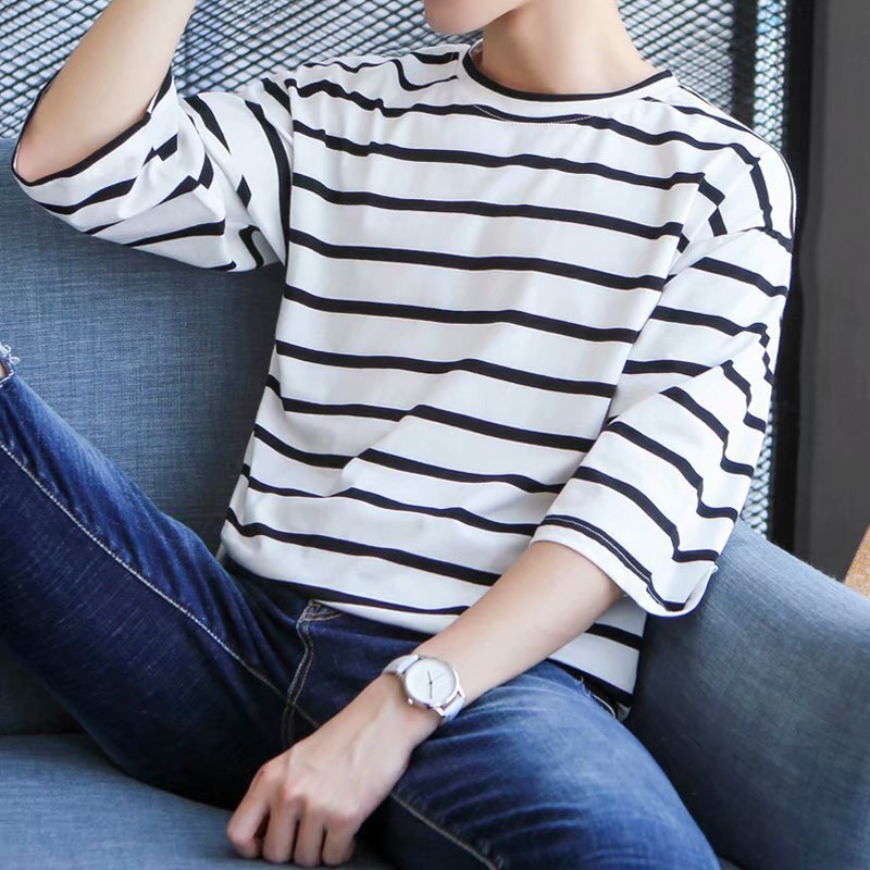 Hongxinjie Summer Cheap T-shirt Male Teenager Students Korean Fashionable All-match Casual Striped T-shirt with Seven Sleeve Top