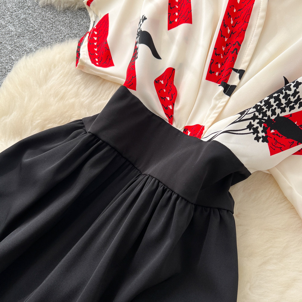 Korean Style Women's V Neck Jumpsuit High Waisted Wide Leg Pants Slimming Print Workwear Summer Elegant Long Romper_ecoleips.com