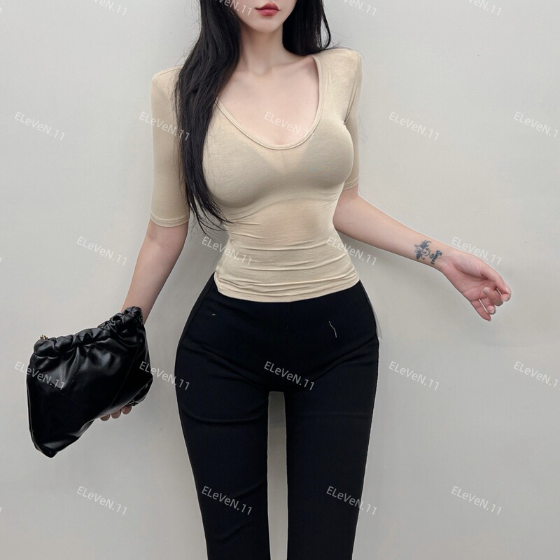版型很顶~热辣紧身薄款微透露锁骨打底上衣显瘦纯色正肩短袖T恤女|undefined