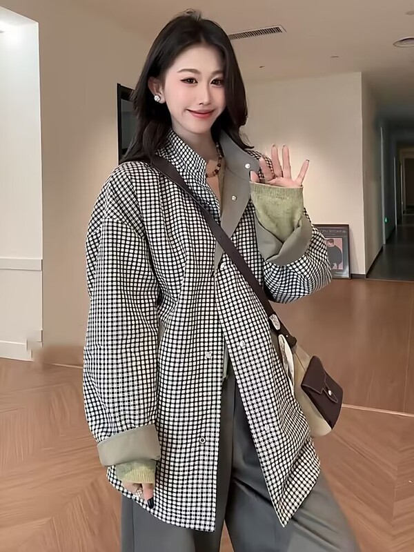 高端25欧货立领双面穿格子拼接风衣外套女秋冬宽松高级感休闲大衣|undefined