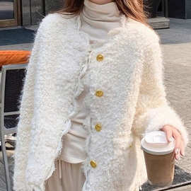 法式蕾丝边小香风短外套女秋冬新款时尚气质新品感毛绒绒上衣新品