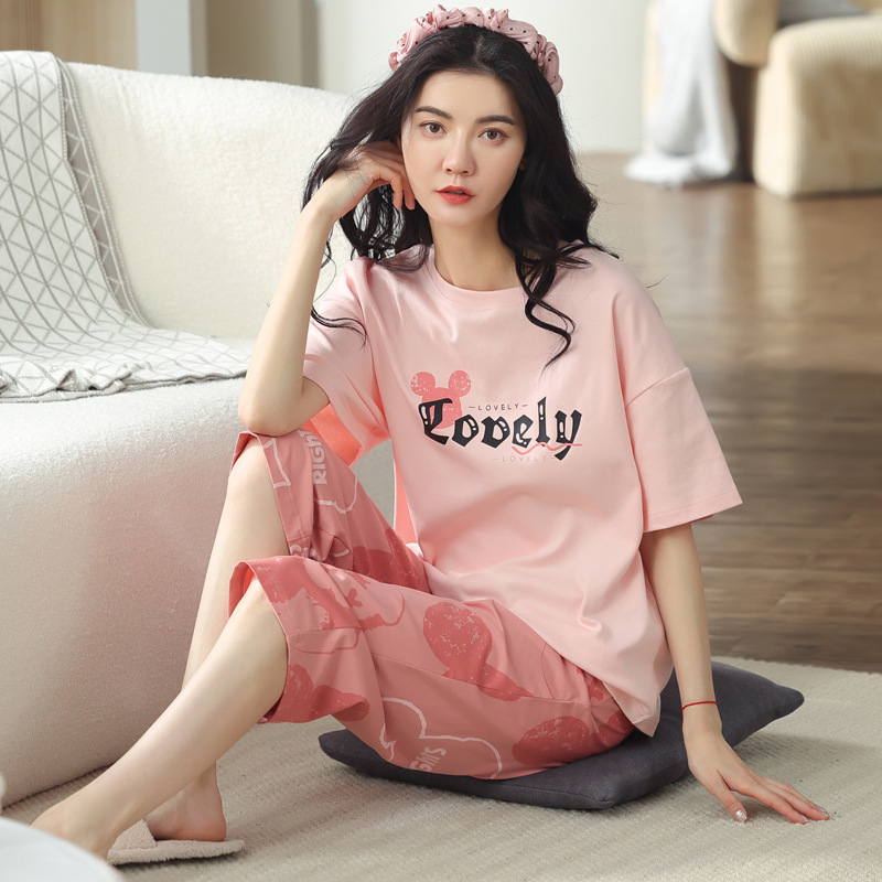 睡衣女夏纯棉夏季新款短袖七分裤韩版休闲可爱外穿家居服套装女士|undefined