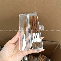 ステンレス製ウォールナット風月餅カトラリー4点セット 家庭用デザートスプーン ケーキフォークスプーン ポータブルボックス付きフルーツフォーク