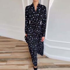 亚马逊欧美修身印花系带气质长裙2025秋季新款长袖v领显瘦连衣裙