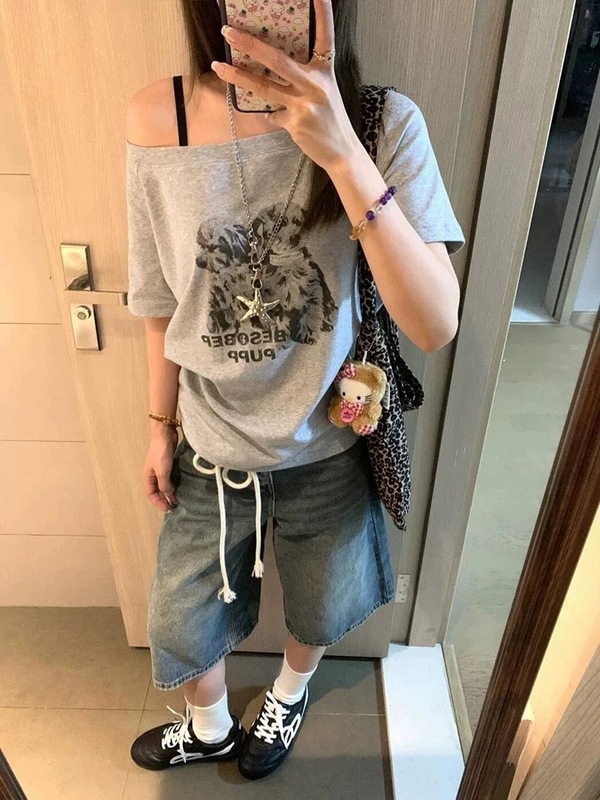 美式复古斜肩纯棉短袖t恤女夏2025新款慵懒风休闲辣妹宽松上衣ins|undefined