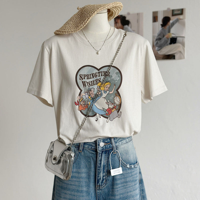 2026 Summer New Korean Style Cartoon Print Loose Round Neck Short Sleeve T-Shirt for Women Versatile Casual Top Trendy 2026 Summer New Korean Style Cartoon Print Loose Round Neck Short Sleeve T-Shirt for Women Versatile Casual Top Trendy
