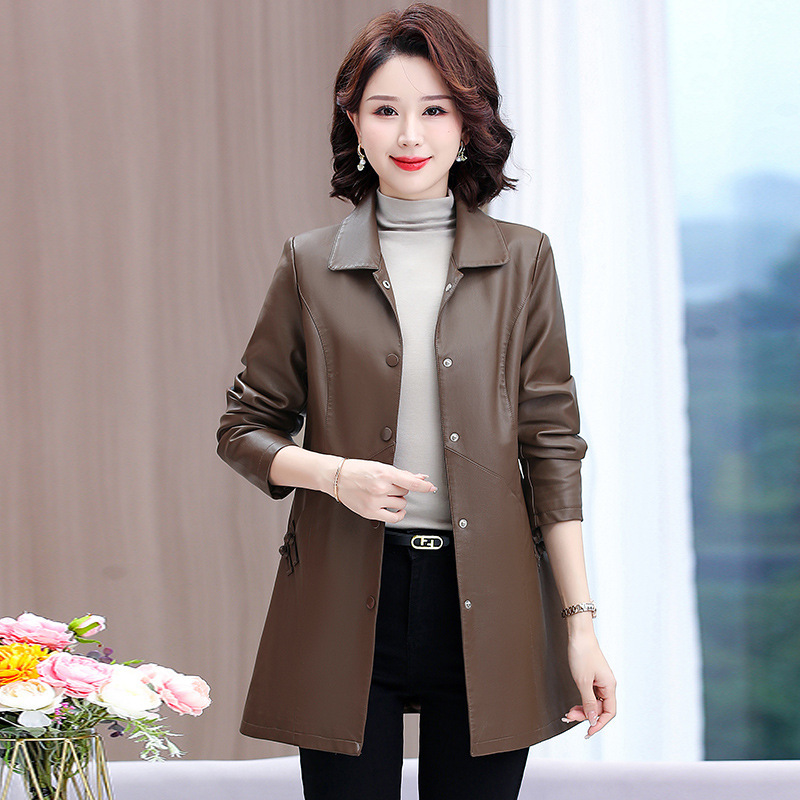 New Haining Leather Jacket Mid-Length New Style Mom's Fitted Leather Jacket Spring and Autumn Leather Jacket Middle-Aged and Elderly Women's Windbreaker