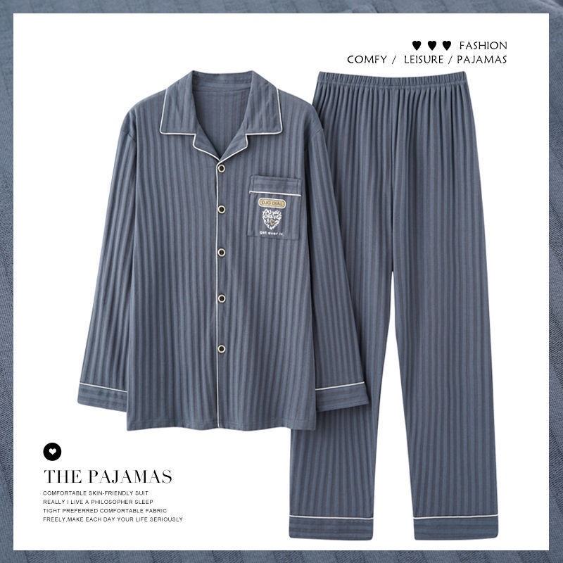 Pijama de algodón masculino primavera y otoño manga larga casual simple cardigan suelto grande conjunto de ropa para el hogar juvenil