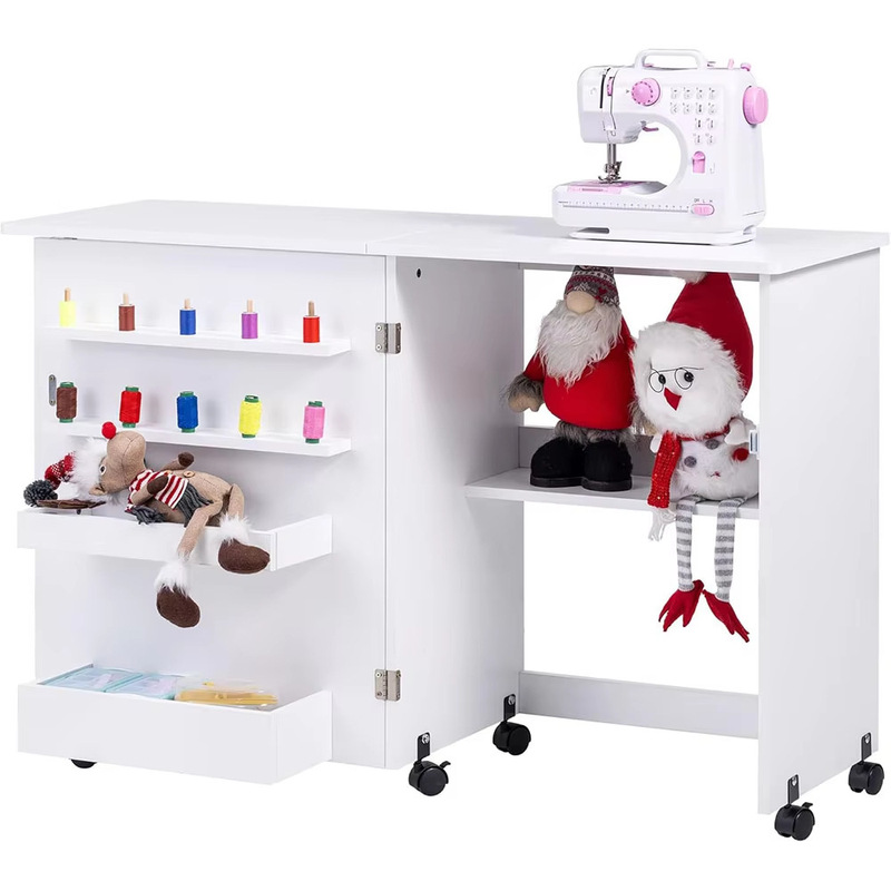 Folding Sewing Table with Wheels and Shelves for Living Room Cabinets, Compact Multifunctional Sewing Table with Trash Bin and Nails, Cross-Border