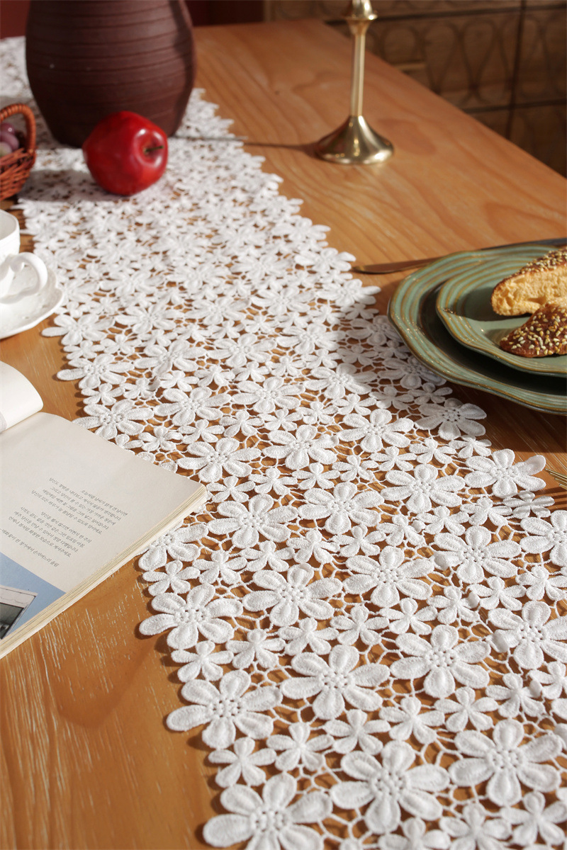 Rustic Romantic White Hollow Floral Lace Table Runner Decor_voghion.com