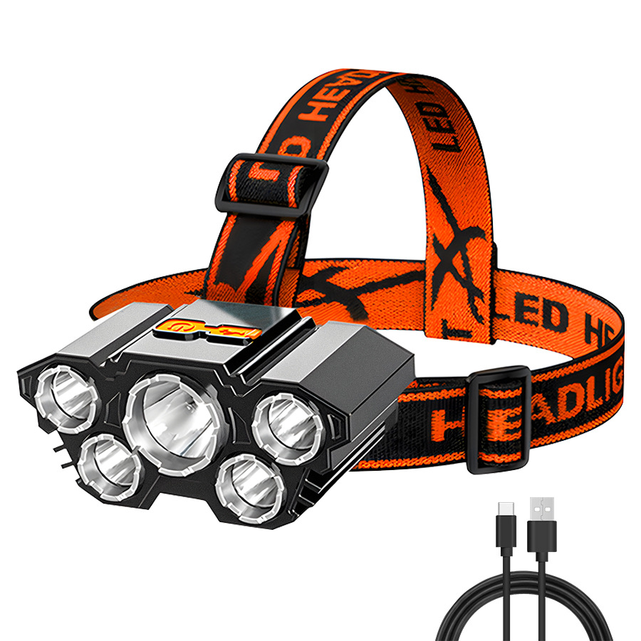 Transfronterizos nuevos fuertes cabezales ligeros led cinco cabezas de avión lámpara USB recargable cabeza pequeña linterna al aire libre lámpara de minería