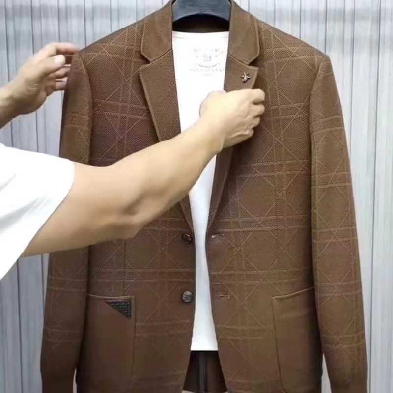 网红欧站男士秋冬季西服休闲时尚百搭潮流帅气提花毛线衣外