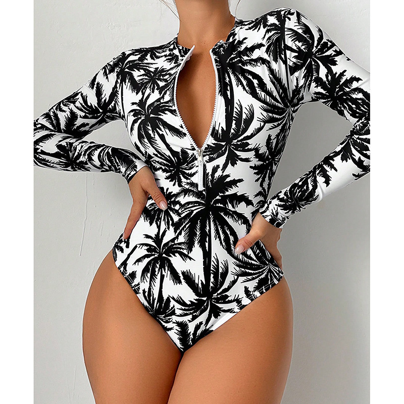 2026 New European and American Style Printed Long-Sleeve One-Piece Swimsuit for Women with Zipper, Conservative Tummy-Covering Bikini Beach Swimwear