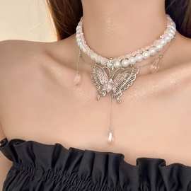 粉色蝴蝶珍珠项链轻奢小众夸张高级感颈链锁骨链新娘礼服配饰女款