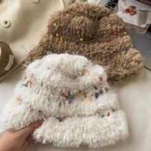 定制秋冬新款加绒保暖护耳毛线针织帽渔夫帽清新甜美彩色糖果帽子