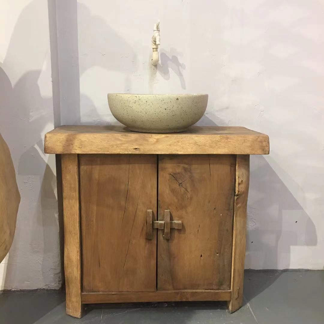 户外家具景区洗手台实木浴室柜落地式大理石台面盆柜子一体田园风