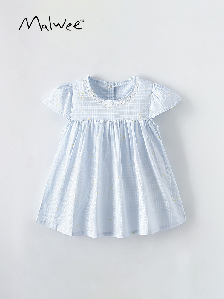 Malwee vestido de niña de verano nuevo vestido de cuello redondo de cuadrícula falda de manga corta europea y americana falda de princesa para niños de mediana edad