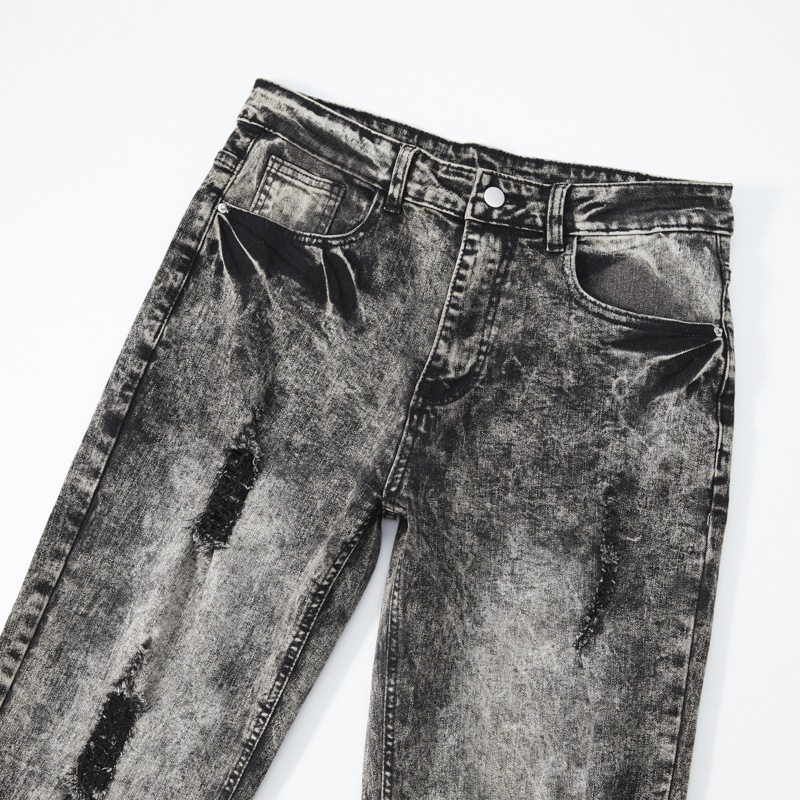 Men's High Street Snow Wash Jeans Gradient Faded Distressed Straight Leg American Denim_viptrois.com