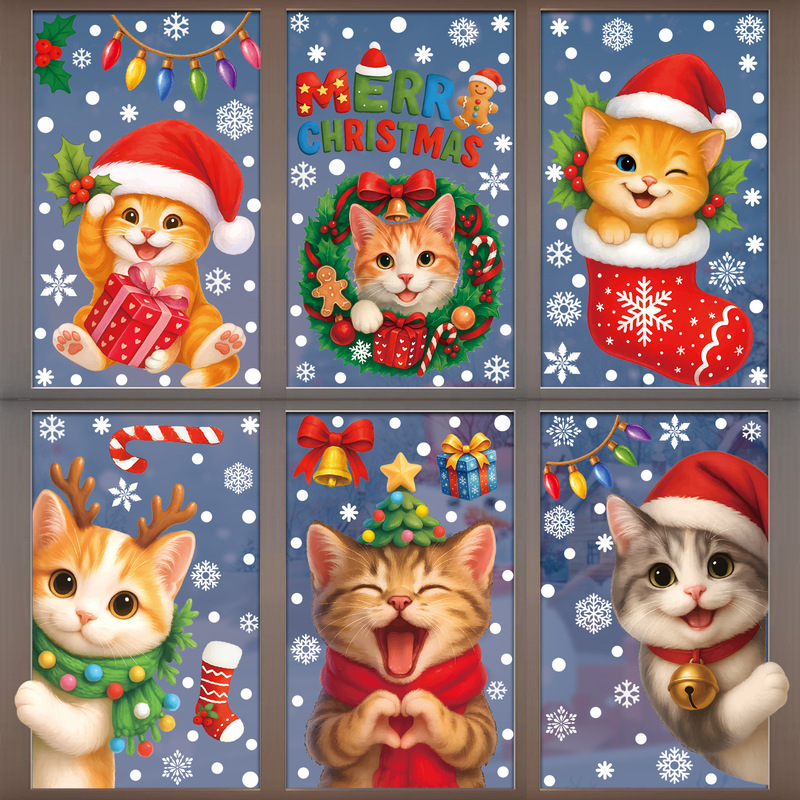 Amazon クリスマスステッカークリエイティブ子猫静電ステッカークリスマスパーティー用品スノーフレークベルガラスステッカー|undefined