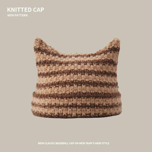 Knitted Hat for Girls Autumn and Winter Japanese Style Cute Cat Ears Striped Warm Knit Hat Couple Matchable Hooded Hat Trendy